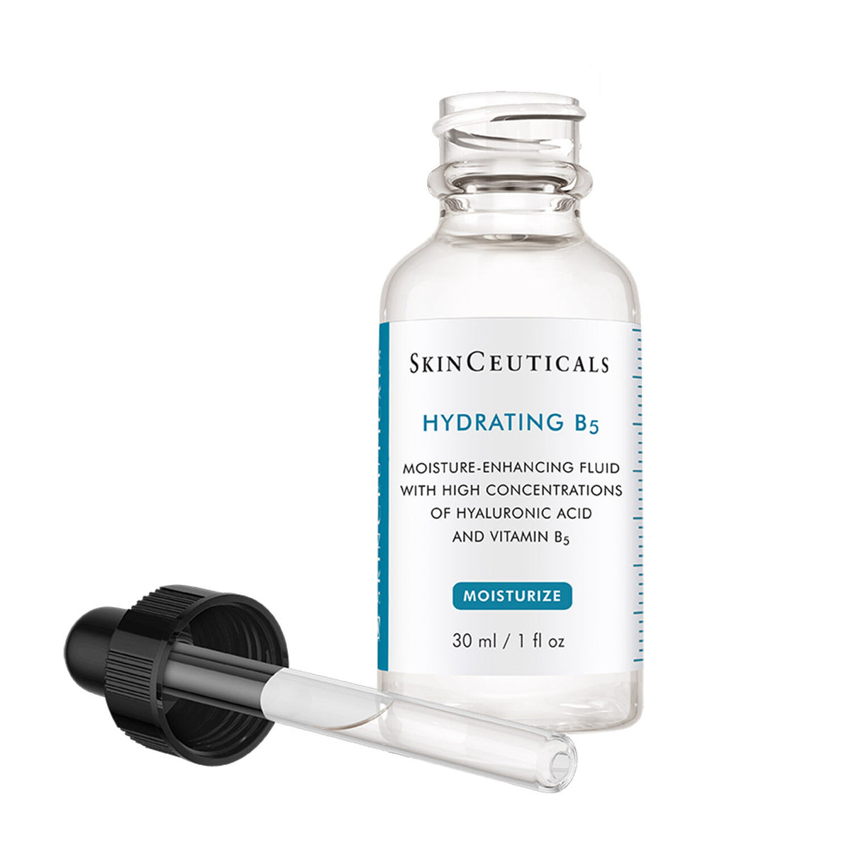 SkinCeuticals Hydrating B5 30ml, open glass bottle with the dropper beside it