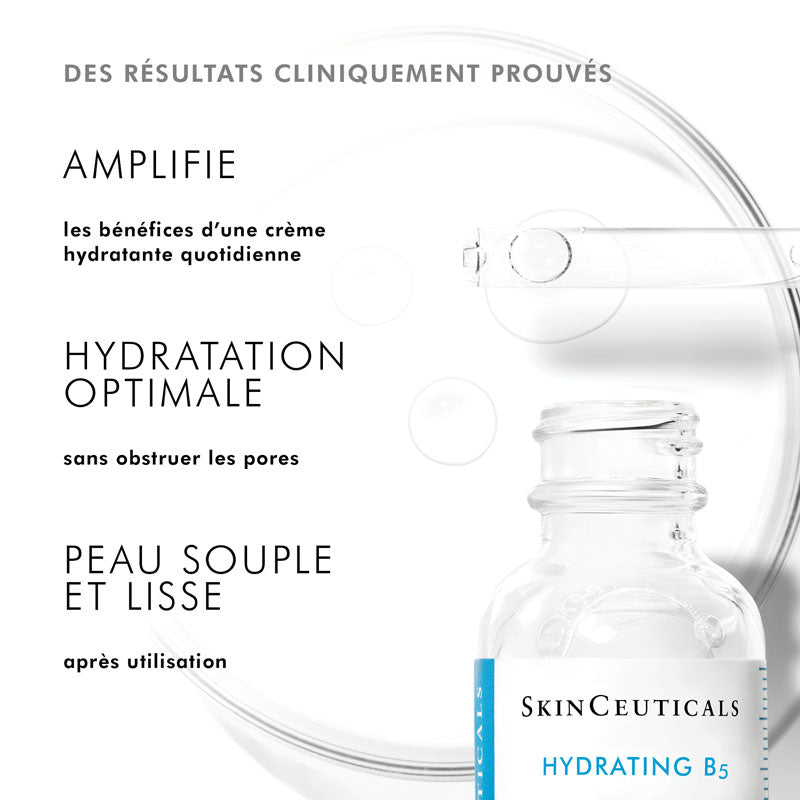SkinCeuticals Hydrating B5, glass bottle with study results in French