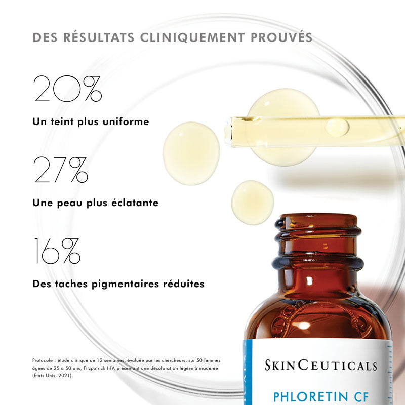 SkinCeuticals Phloretin CF, glass bottle with study results in French