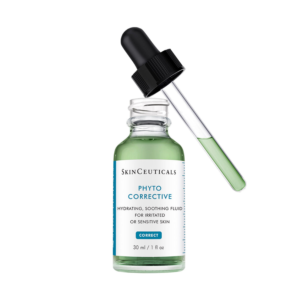 SkinCeuticals Phyto Corrective 30ml, dropper above the open glass bottle