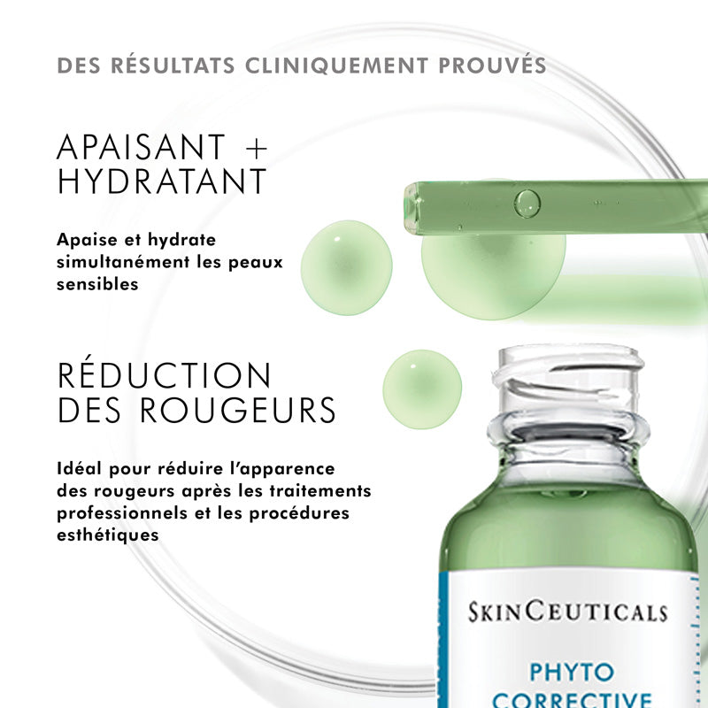 SkinCeuticals Phyto Corrective, glass bottle with study results in French