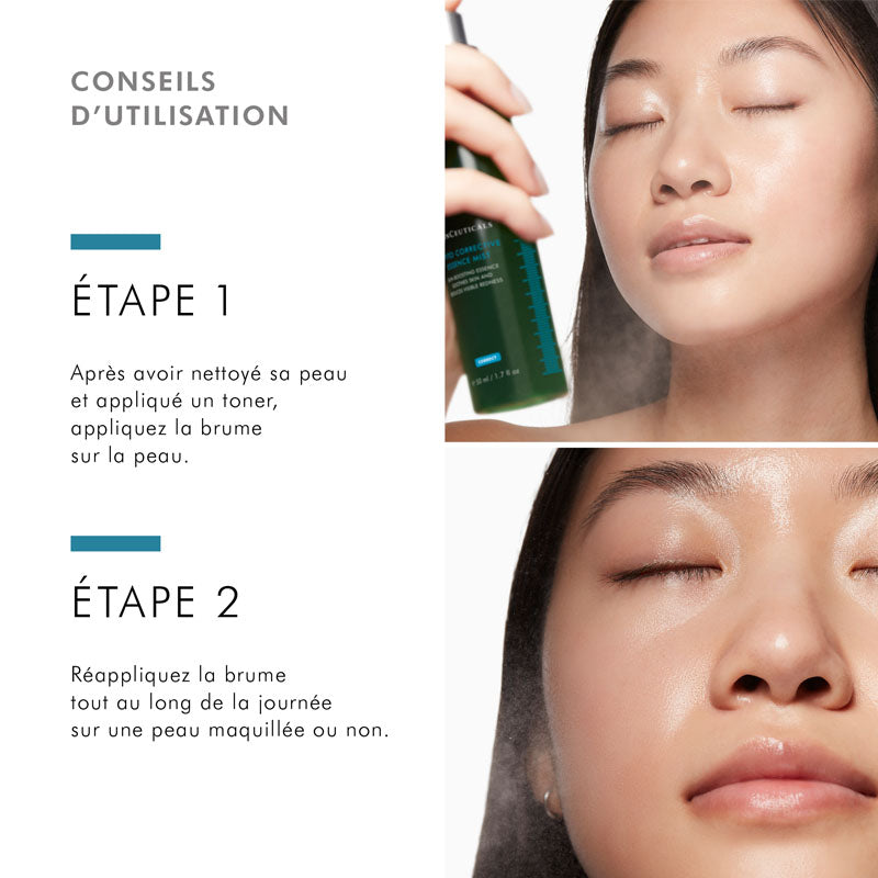 SkinCeuticals Phyto Corrective, two-step directions in French with a woman misting her face