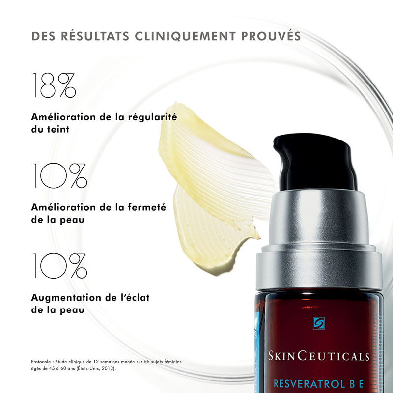 SkinCeuticals Resveratrol BE, pump bottle with study results in French