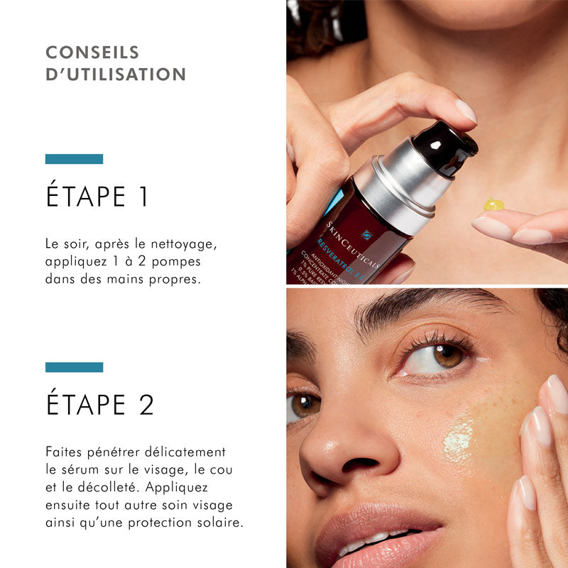 SkinCeuticals Resveratrol BE, two-step directions in French with the pump bottle
