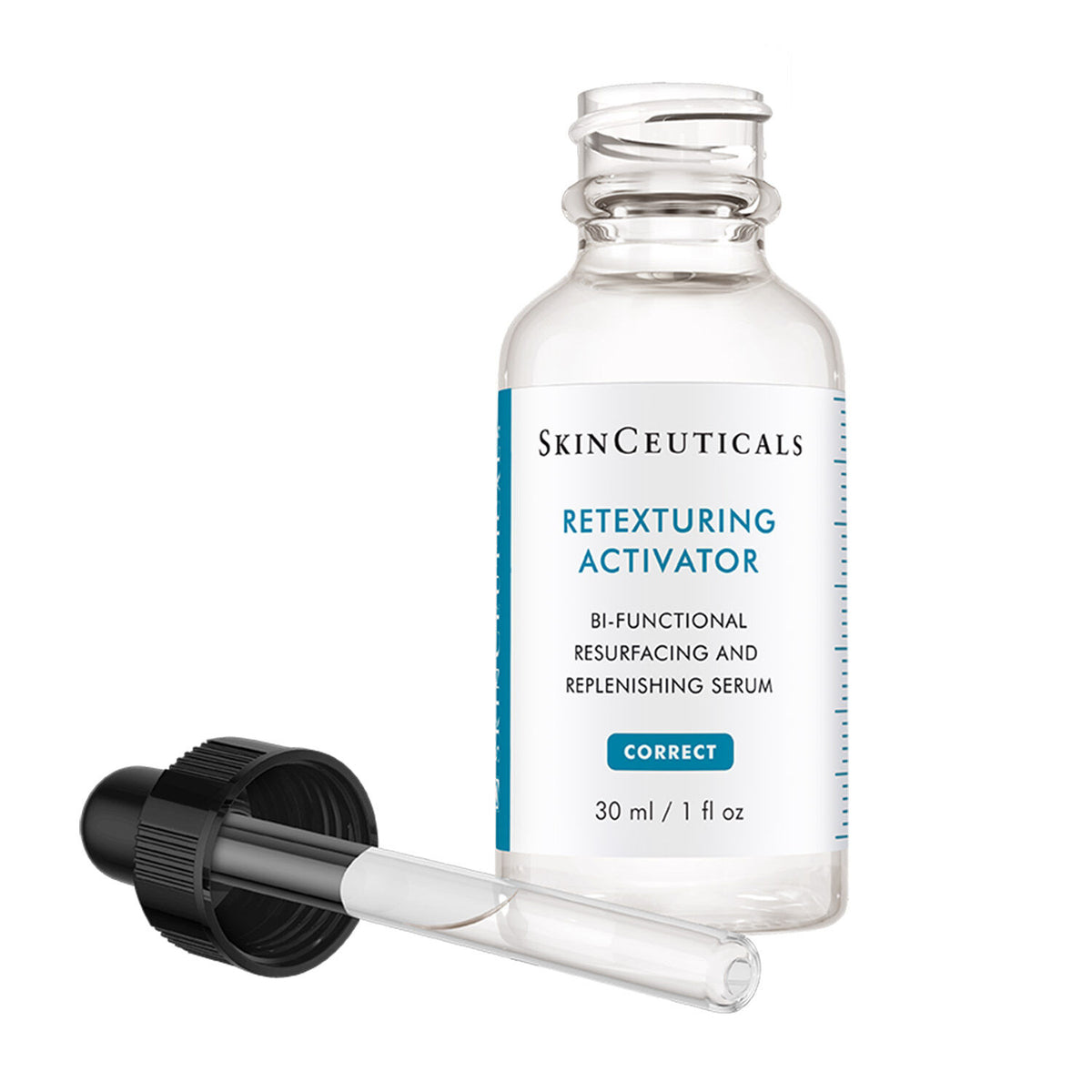 SkinCeuticals Retexturing Activator 30ml, open glass bottle with the dropper beside it, close-up