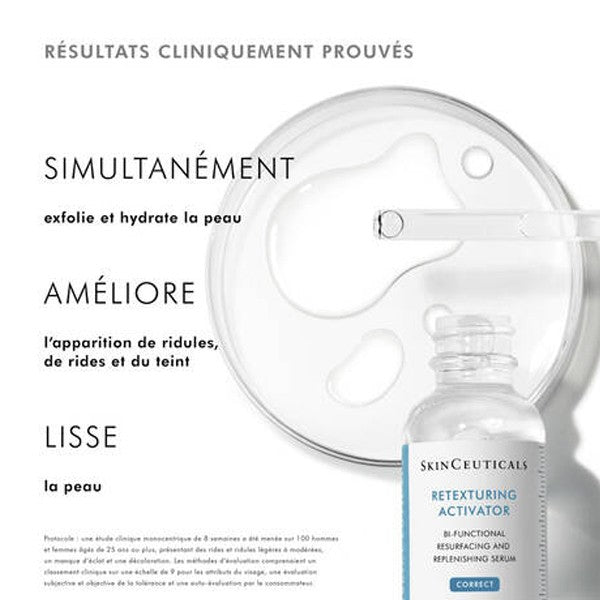 SkinCeuticals Retexturing Activator, glass bottle with study results in French