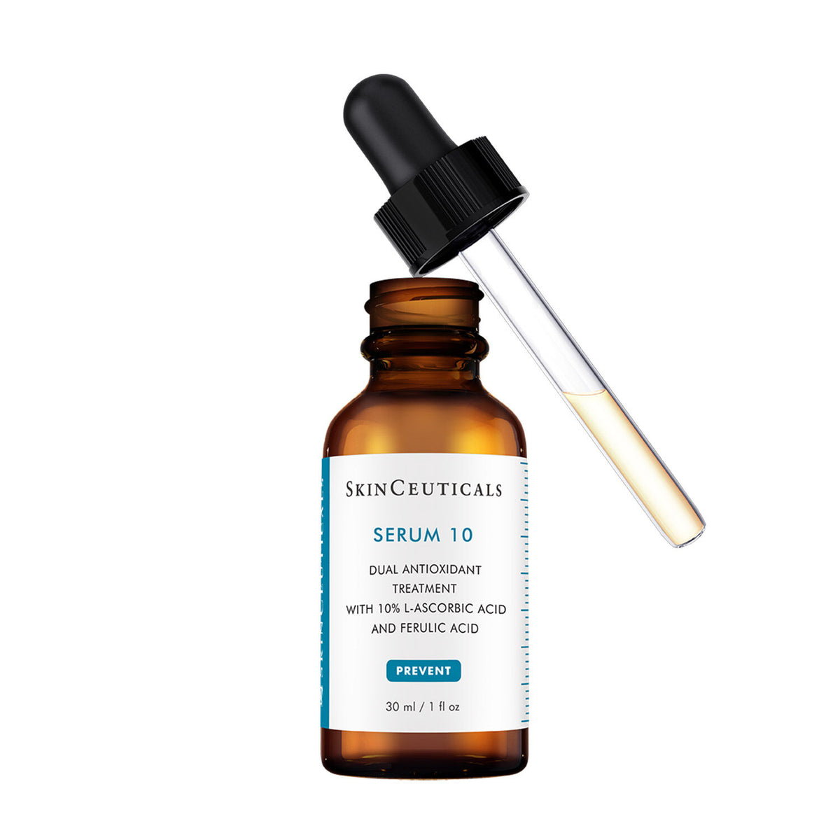 SkinCeuticals Serum 10 30ml, dropper above the open glass bottle