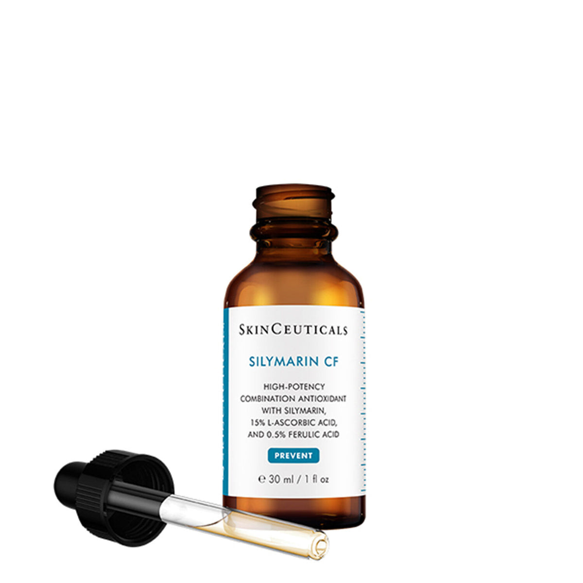 SkinCeuticals Silymarin CF 30ml, open glass bottle with the dropper in front