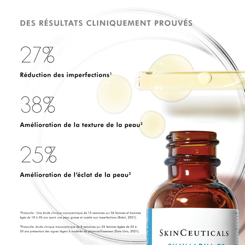 SkinCeuticals Silymarin CF, glass bottle with study results in French