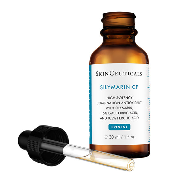 SkinCeuticals Silymarin CF 30ml, open glass bottle and dropper, close-up