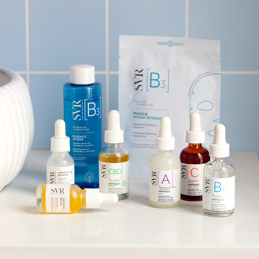 SVR Ampoule Refresh, ampoule range with the B3 essence and sheet mask on a shelf