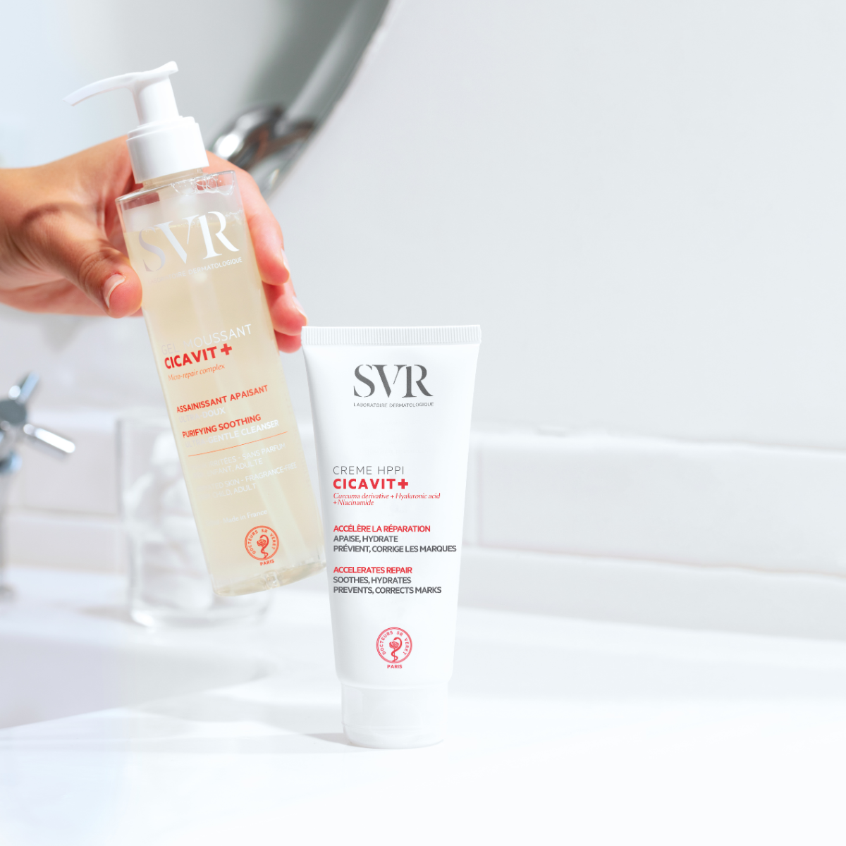 SVR Cicavit+, cleansing gel pump bottle and cream tube by a sink