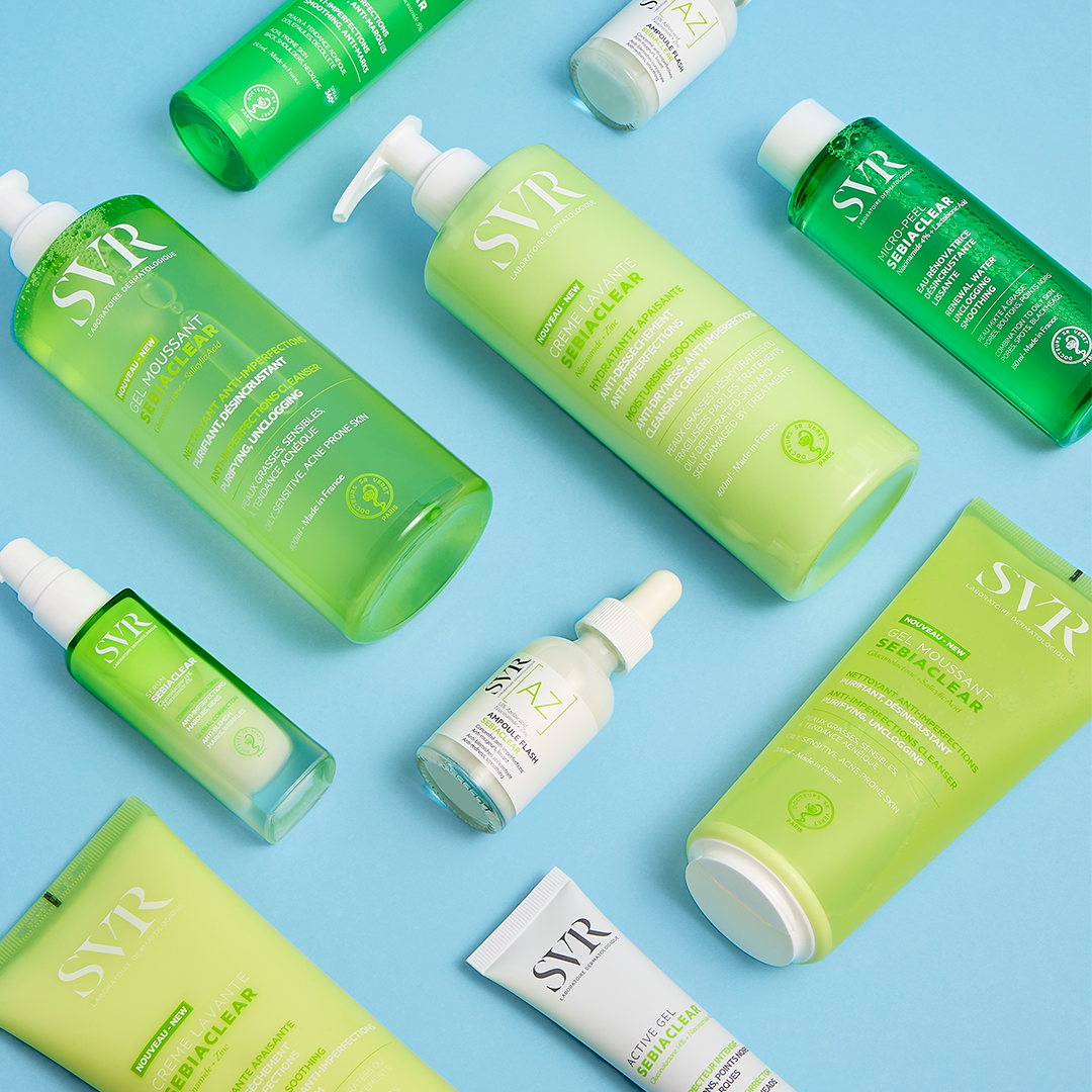 SVR Sebiaclear, flat lay of the green range on a blue background