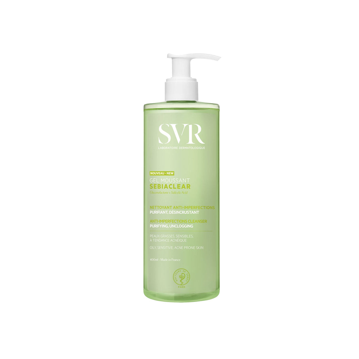 SVR Sebiaclear 400ml, front of the pump bottle