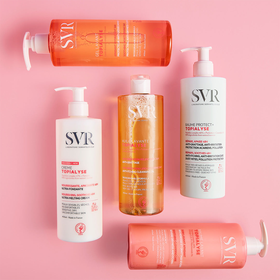SVR Topialyse, range of five pump bottles on a pink background