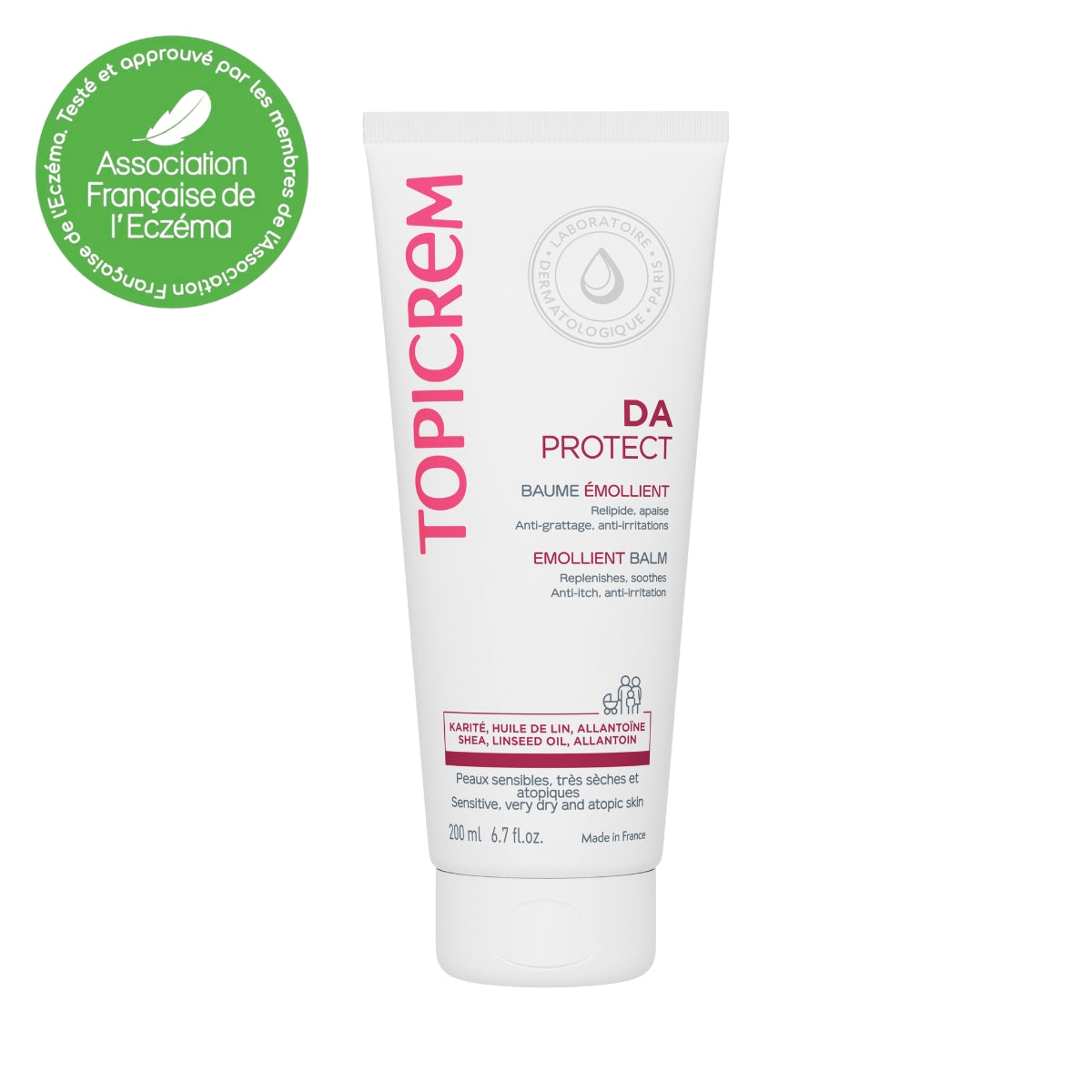 Topicrem DA Emollient Balm 200ml, front of the tube