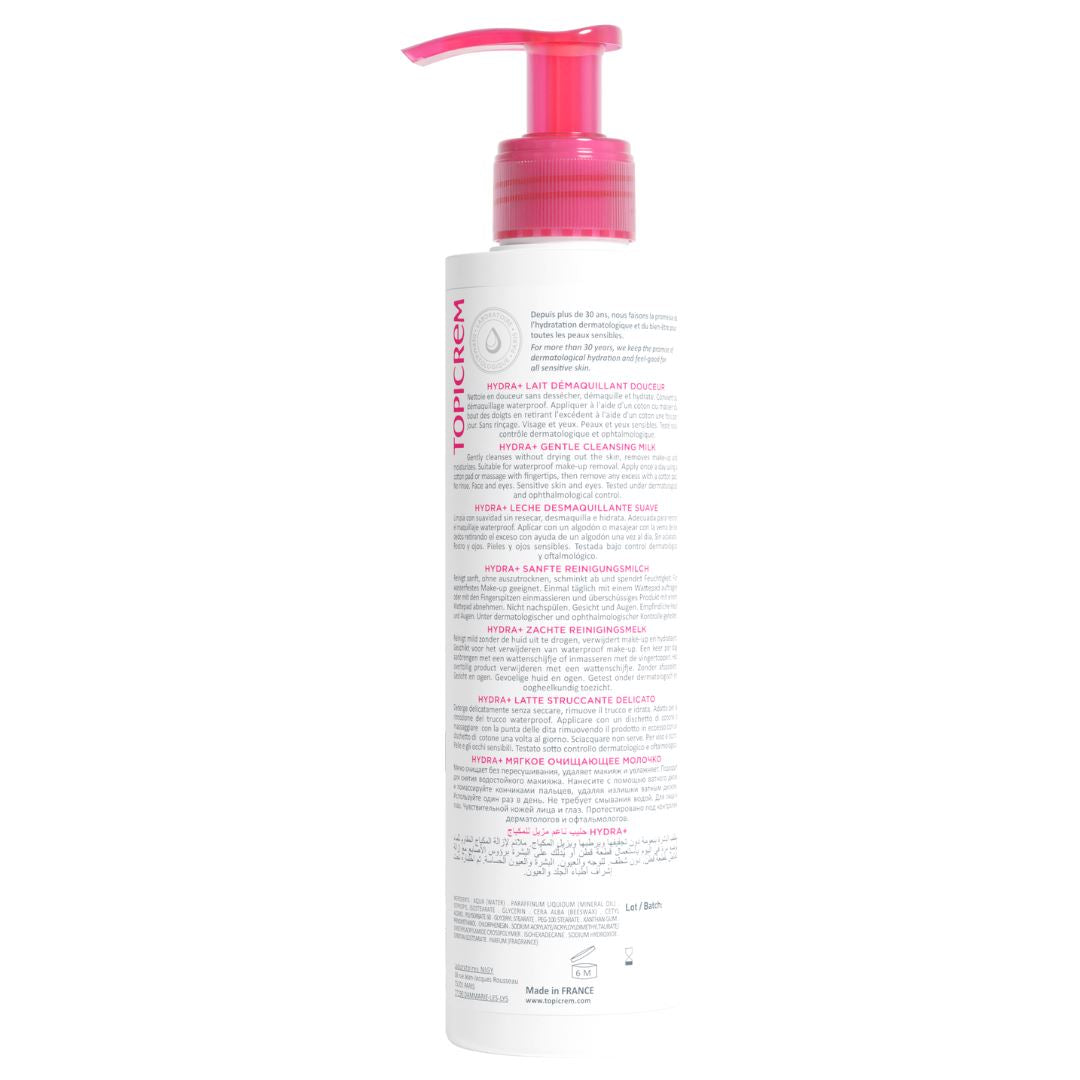 Topicrem HYDRA+, back of the pump bottle with directions
