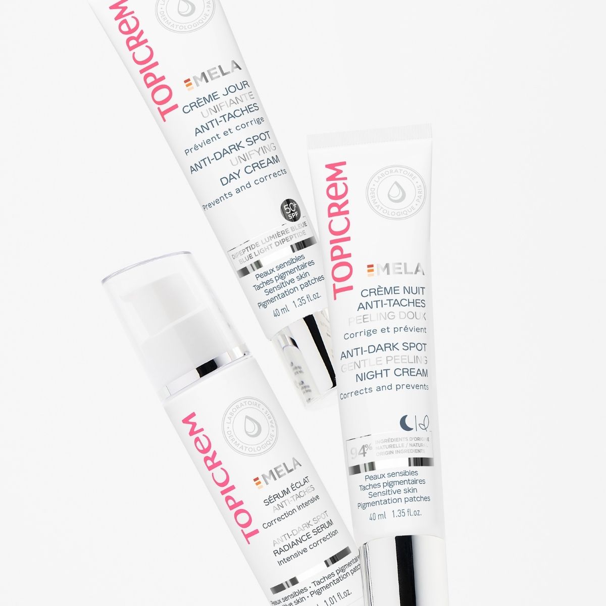 Topicrem MELA, day cream, night cream and serum side by side