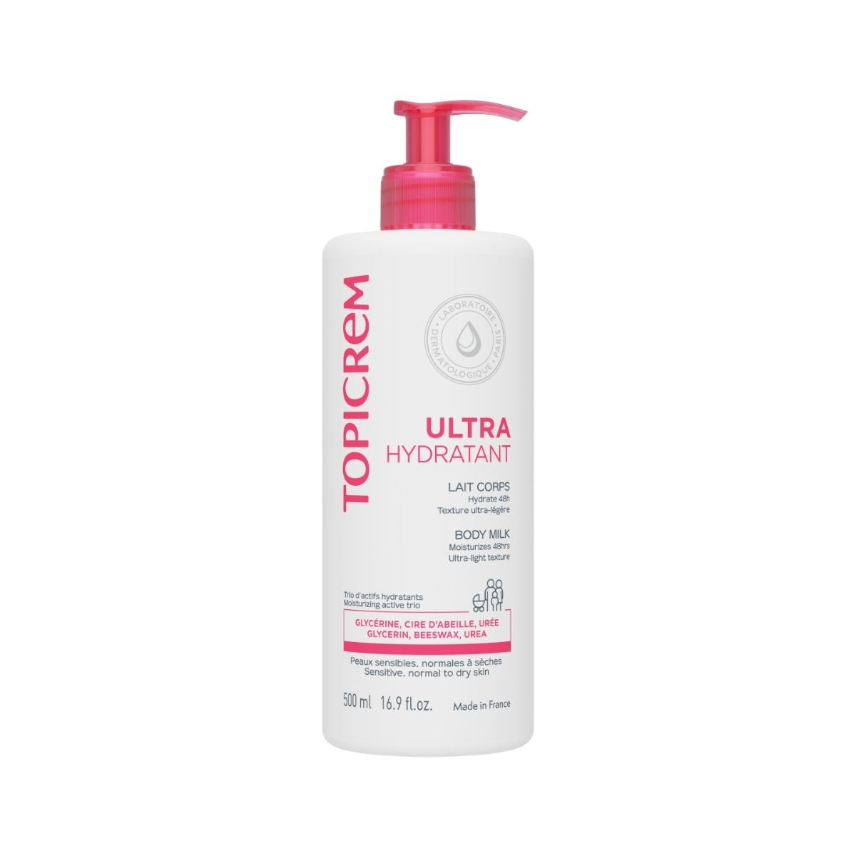 Topicrem Ultra Hydratant 500ml, front of the pump bottle