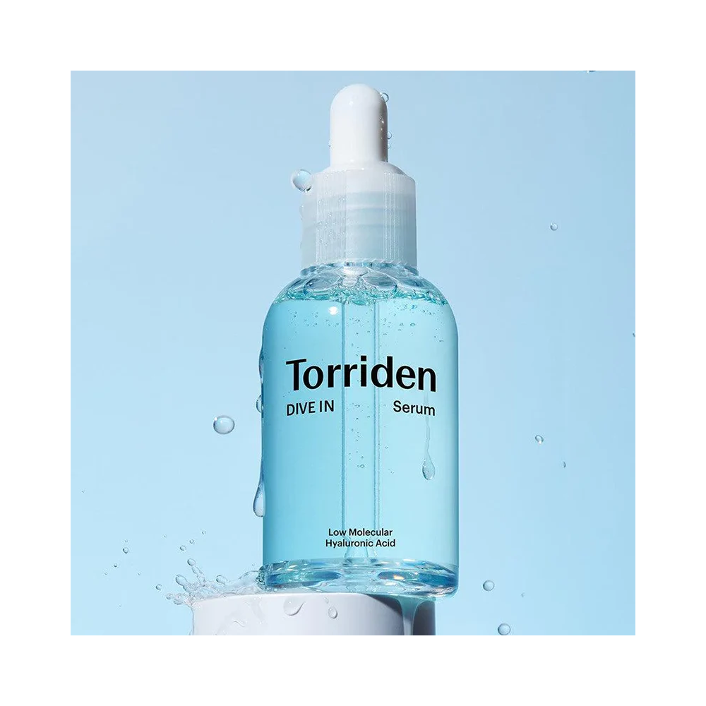Torriden Dive-In, bottle with water droplets on a blue background
