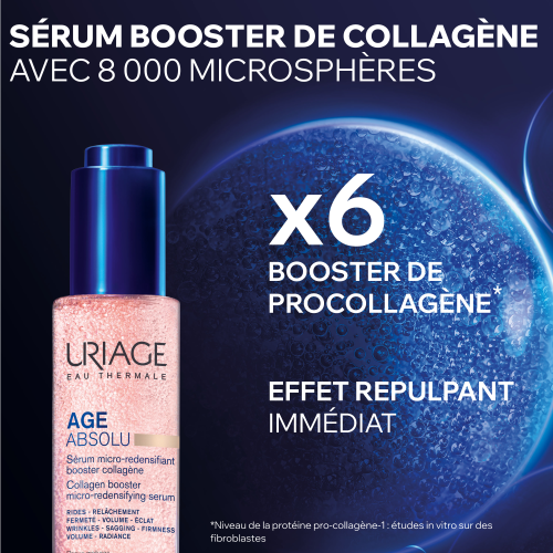 Uriage Age Absolu, serum bottle with product benefits in French