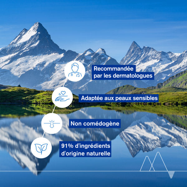 Uriage Age Absolu, alpine lake with four feature icons in French