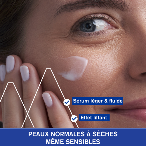 Uriage Age Lift, serum applied to the cheek with text in French