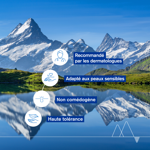 Uriage Age Lift, alpine lake with four feature icons in French
