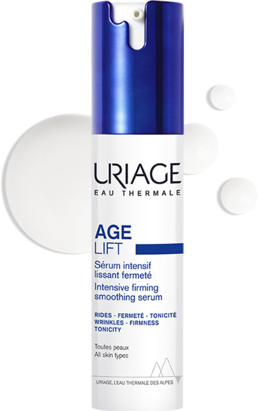 Uriage Age Lift, pump bottle with serum drops behind it