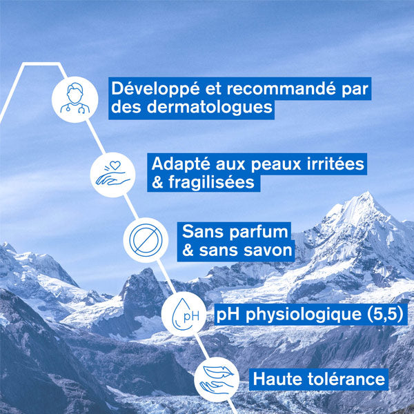 Uriage Bariederm, five feature icons in French over snowy mountains