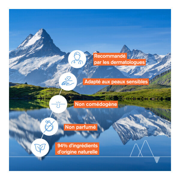 Uriage Dépiderm, five feature icons in French over a mountain lake