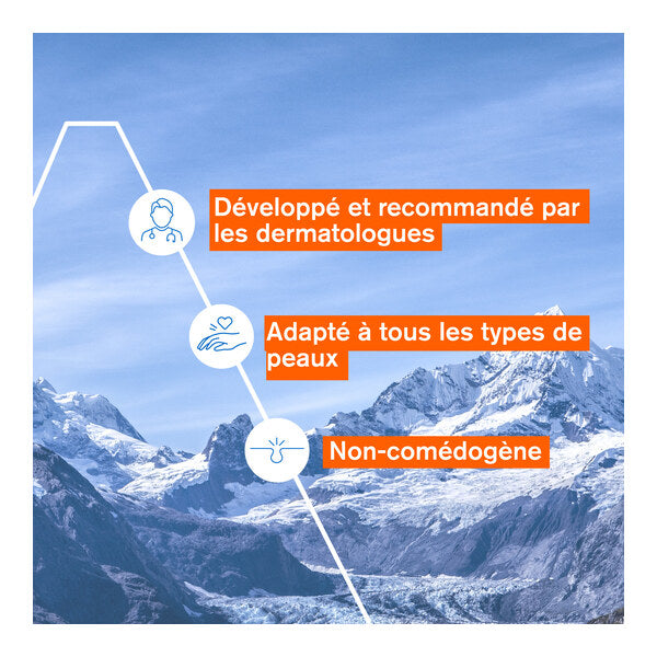 Uriage Dépiderm, three feature icons in French over snowy mountains