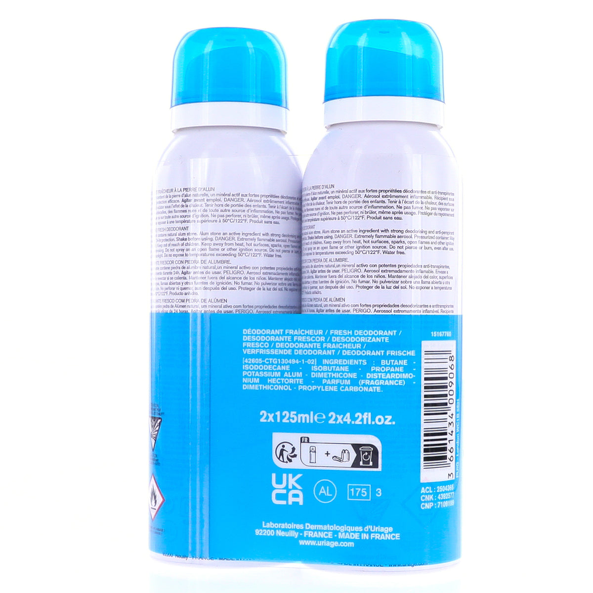 Uriage Freshness Deodorant, back label with ingredient list