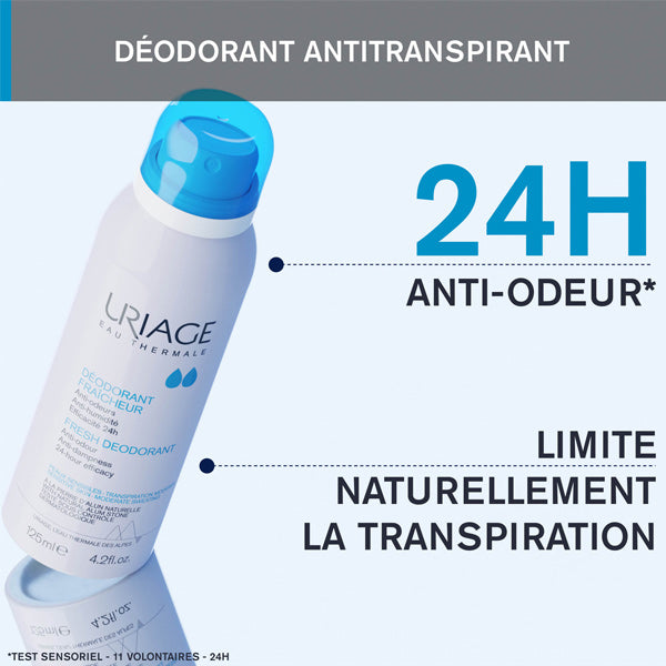 Uriage Freshness Deodorant, spray can with study results in French