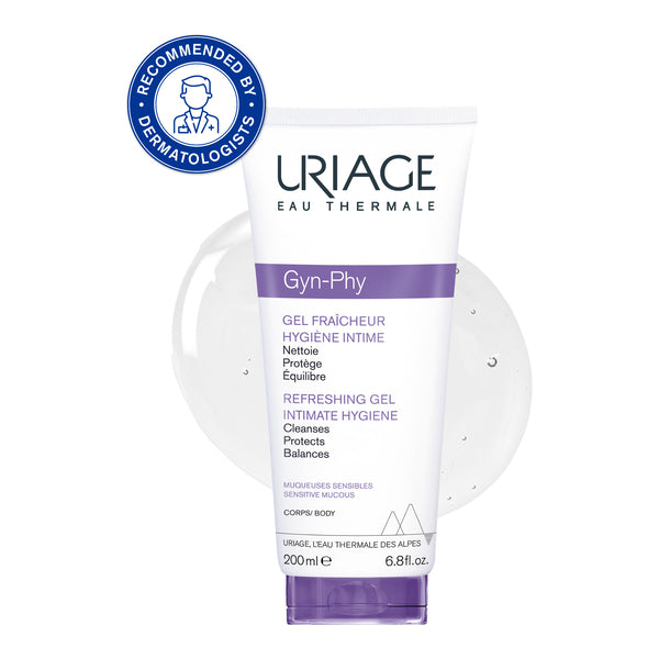 Uriage Gyn-Phy 200ml, front of the tube on a gel swatch