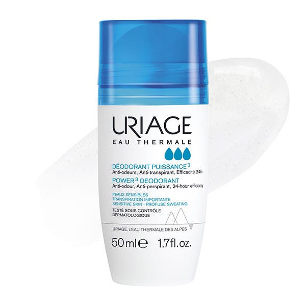 Uriage Puissance 3 50ml, front of the roll-on on a gel swatch