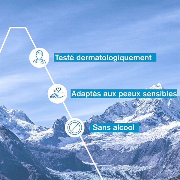 Uriage Puissance 3, three feature icons in French over snowy mountains