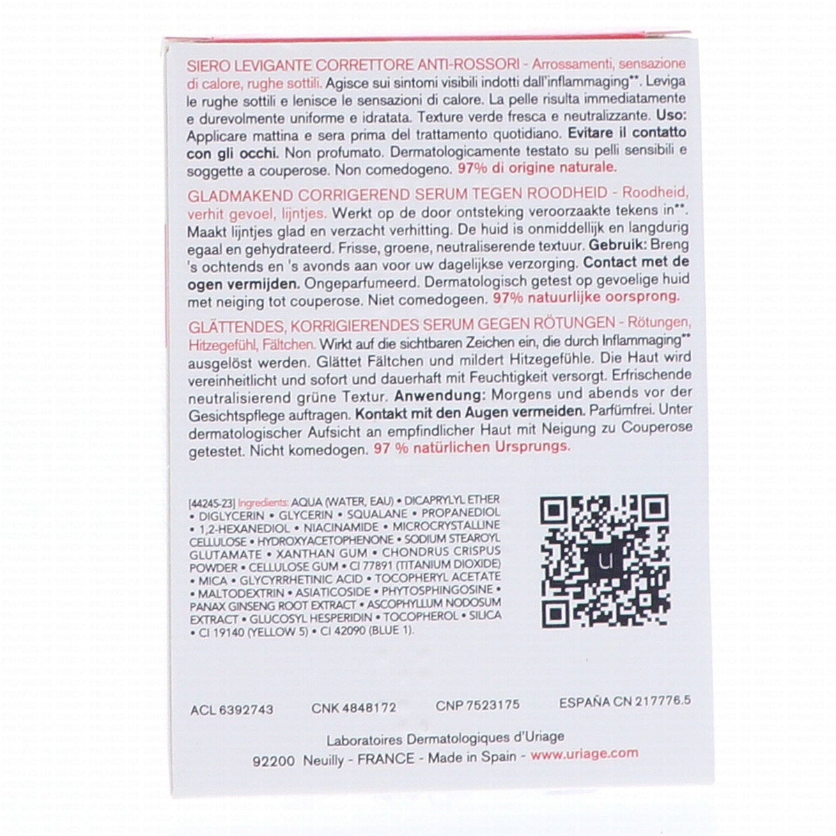 Uriage Roséliane, back label with ingredient list