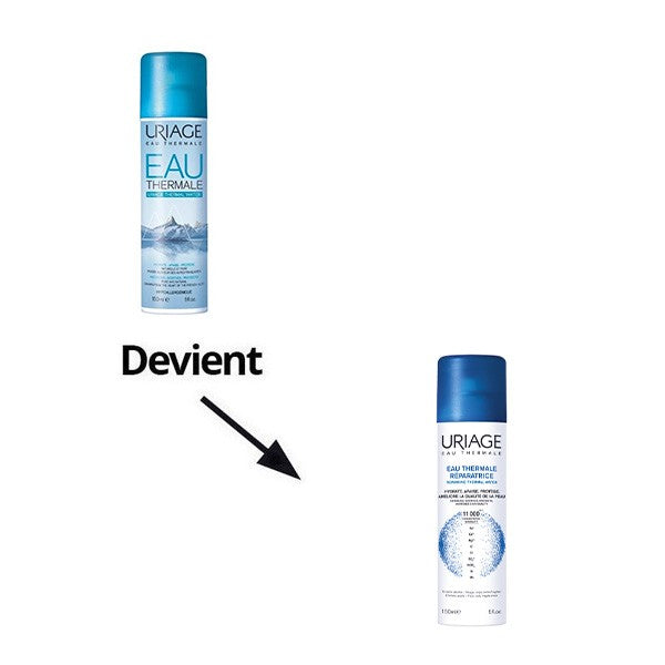 Uriage Thermal Water, old and new spray can packaging with a French caption