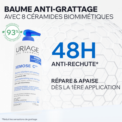 Uriage Xemose C8+, pump bottle with study results in French