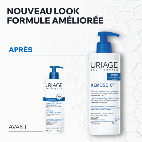 Uriage Xemose C8+, old and new pump bottles side by side