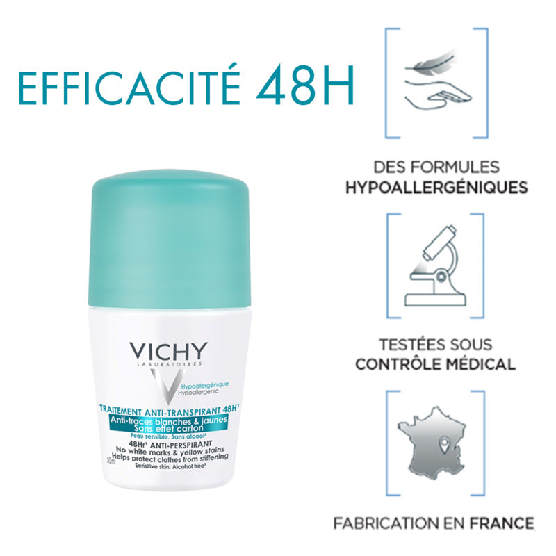 Vichy 48H Roll-On Deodorant, roll-on with three feature icons in French