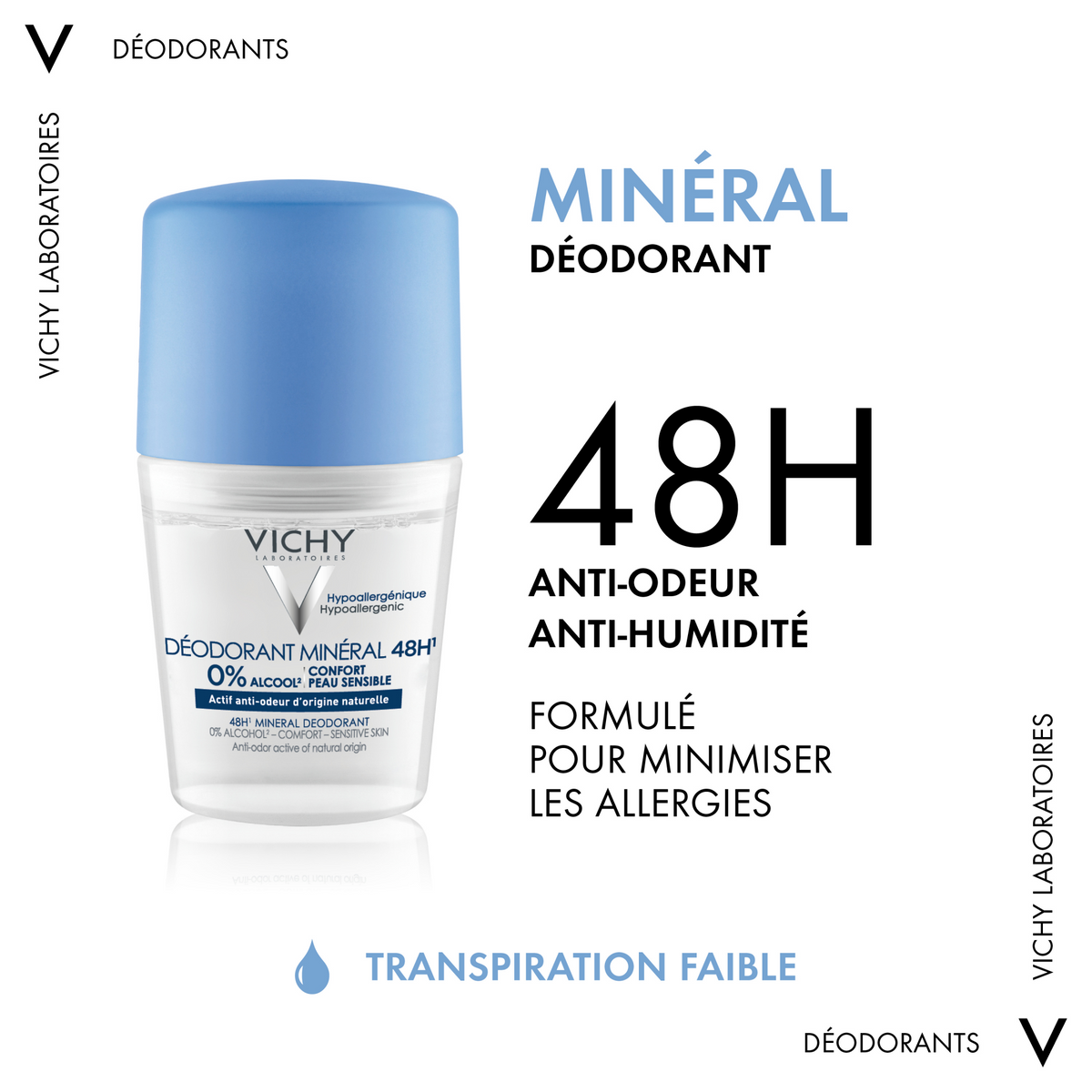 Vichy Mineral Deodorant, roll-on with product benefits in French
