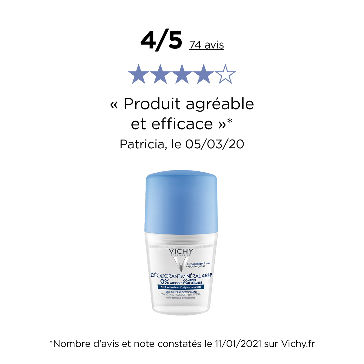 Vichy Mineral Deodorant, roll-on with a customer review in French