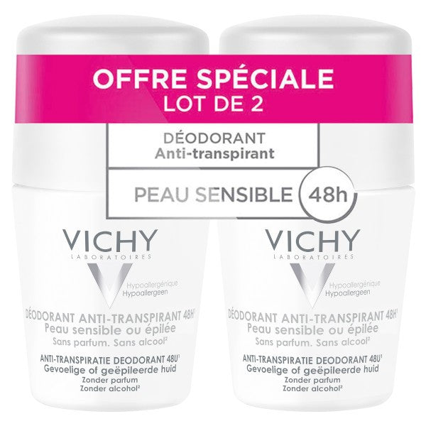 Vichy 48H Roll-On Deodorant, pack of 2 roll-ons with a pink offer band