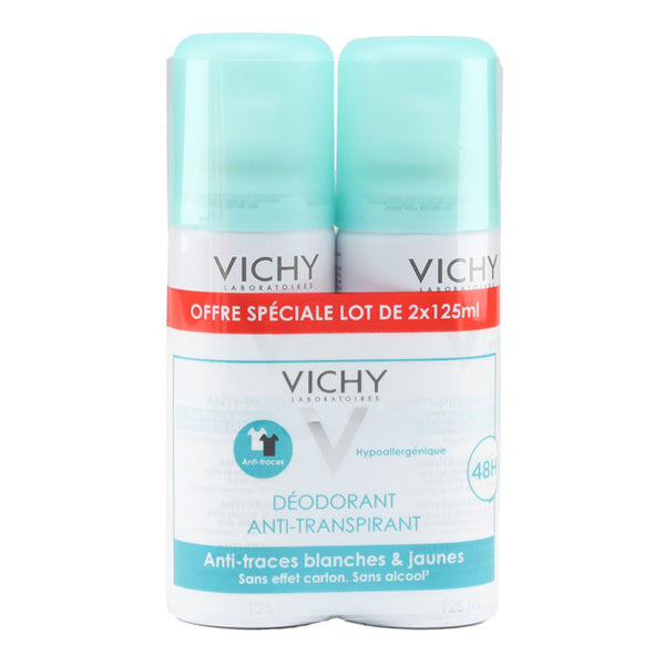 Vichy 48H Anti-Perspirant Aerosol Deodorant, No Marks 125ml, pack of 2 spray cans
