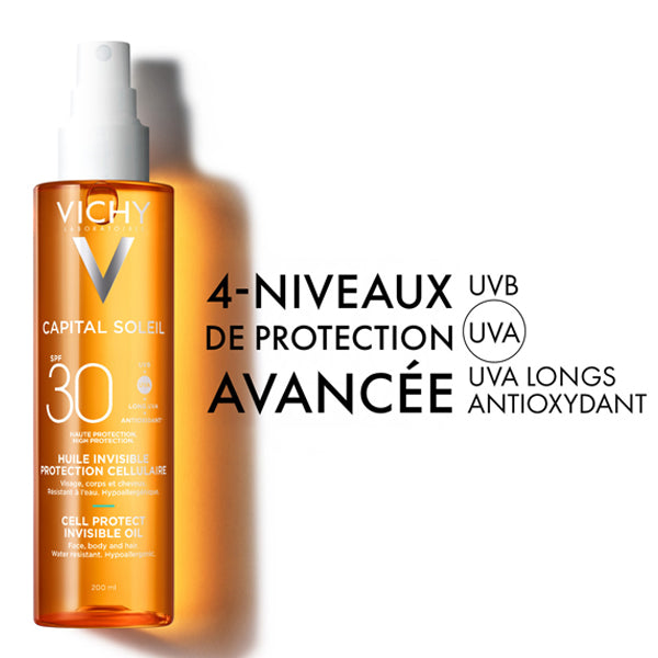 Vichy Capital Soleil, spray bottle with product benefits in French