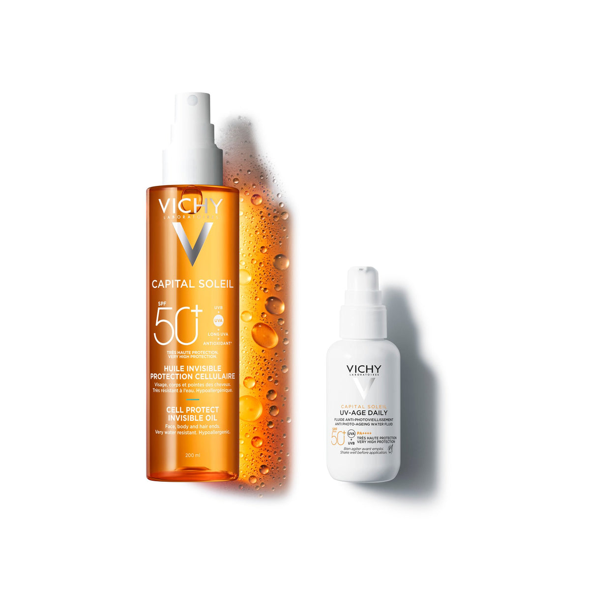 Vichy Capital Soleil, oil spray bottle beside the UV-Age Daily fluid