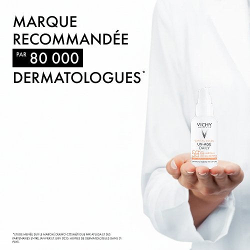 Vichy Capital Soleil, hand in a white coat holding the pump bottle