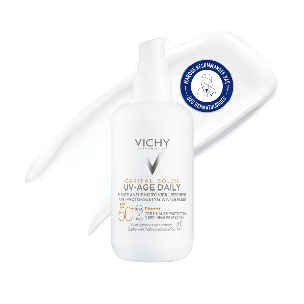 Vichy Capital Soleil UV Age Daily SPF 50 Anti-Aging Sunscreen, front of the pump bottle